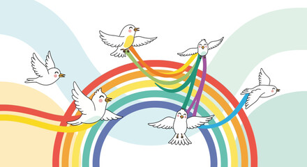 Fototapeta premium Joyful Birds Soaring Over a Vibrant Rainbow Bridge