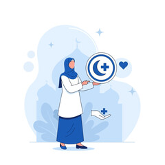 Obraz premium Islamic Healthcare Advocate Presenting Aid Symbolizing Health and Wellbeing in Community