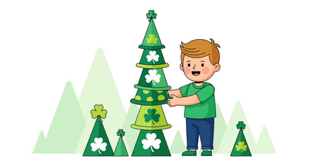 Naklejka premium Joyful Boy Builds St Patrick's Day Hat Tower With Shamrocks Festive Fun
