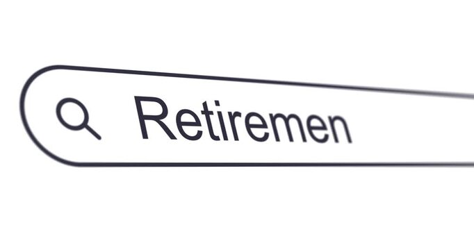 Typing phrase Retirement age into search box, search bar close-up, looking for pension age and retirement plan solution, footage