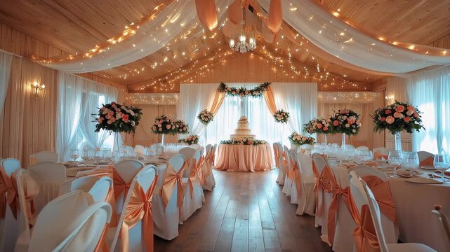 Beautifully decorated indoor wedding venue featuring elegant drapes and floral arrangements, ideal for a romantic celebration in the evening