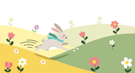 Naklejka premium Joyful Bunny Racing Through a Field of Flowers
