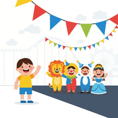 Fototapeta premium Joyful Carnival Friends Meeting A Happy Child On A Sunny Day