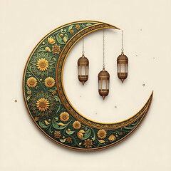 Islamic Eid Mubarak Background with Lanterns and Mosque Silhouette