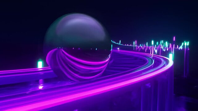 A vibrant purple roller coaster with green and blue lights speeding through a dark night atmosphere at an amusement park