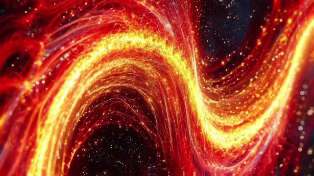 dynamic energy flows resembling a tangle of glowing fibers in a palette of fiery orange, gold, and crimson.