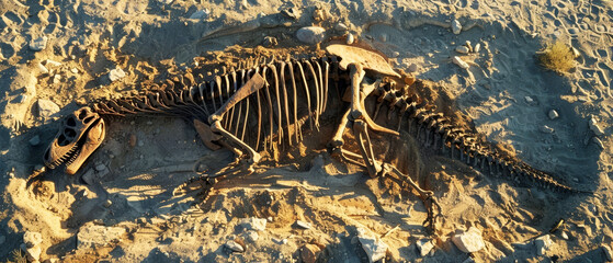 Naklejka premium The ancient remains of a dinosaur rest amidst the rugged desert terrain, an iconic scene of paleontological research at dawn.