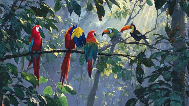 Colorful parrots and toucans gather on branches in a lush forest during early morning light near a tropical setting