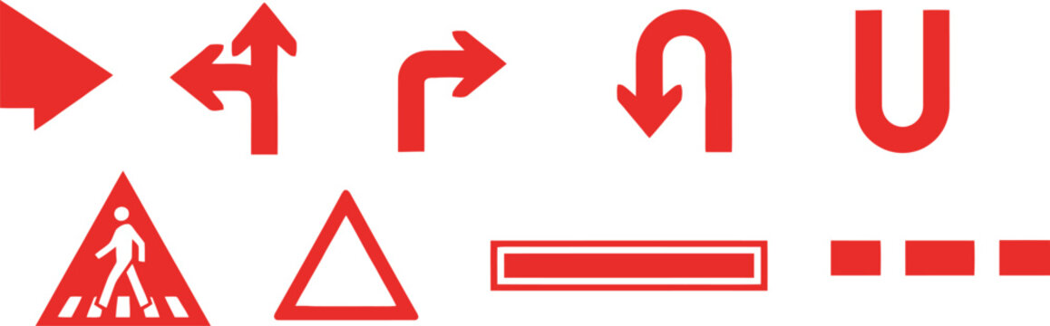 Collection of red road signs and arrows