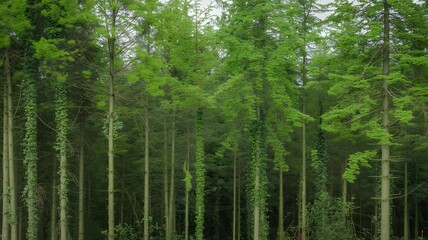Lush green forest with tall evergreen trees and dappled sunlight on the forest floor
