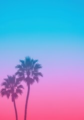 Obraz premium Vibrant abstract tropical landscape featuring a surreal geometric palm tree silhouette against a smooth gradient pastel blue and pink sky, turquoise, illustration, beach