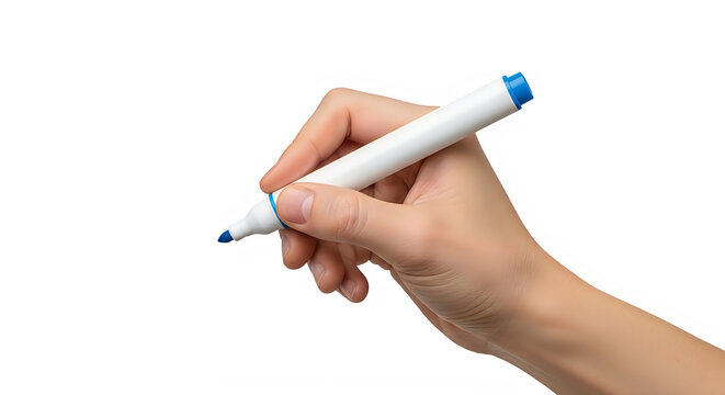 Hand Holding White Whiteboard Marker with Blue Cap and Tip in Natural Writing Pose Isolated on Transparent Background for Presentation Mockup