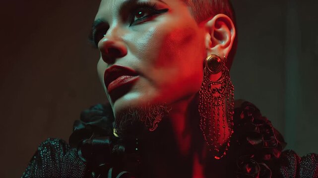 Portrait of a person with short hair and bold makeup under red lighting, showcasing unique earrings and a striking expression