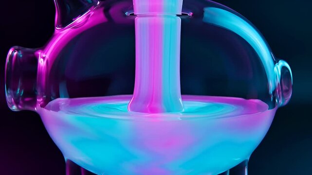A futuristic glass bong with neon pink and blue lighting against a dark background in a video showcasing cannabis accessories