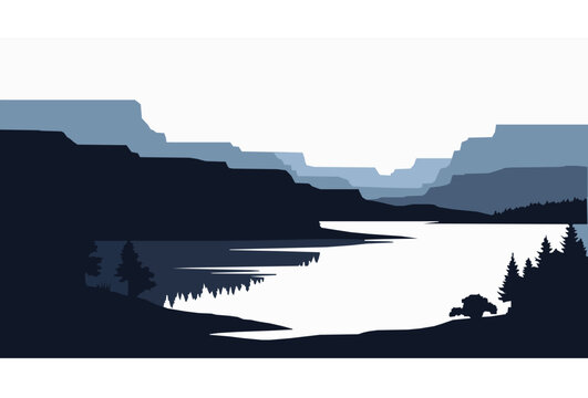 Lake Kaw Reservoir Sunset Silhouette Vector Scene with Trees and Water Reflection