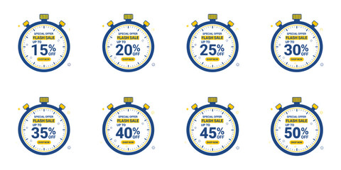 Obraz premium A promotional label set with various discount percentages displayed on circular stopwatch icons for advertising purposes