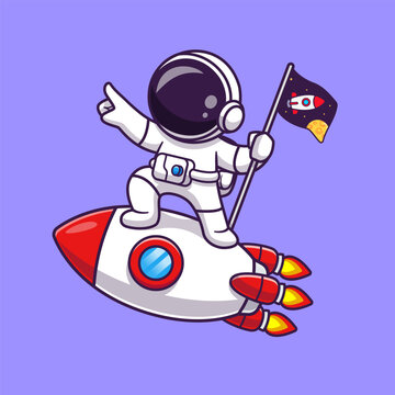 Cute Astronaut Flying With Rocket And Flag Cartoon