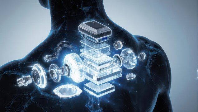 Human torso with exploded view of implanted electronic medical device, rendered with glowing lines