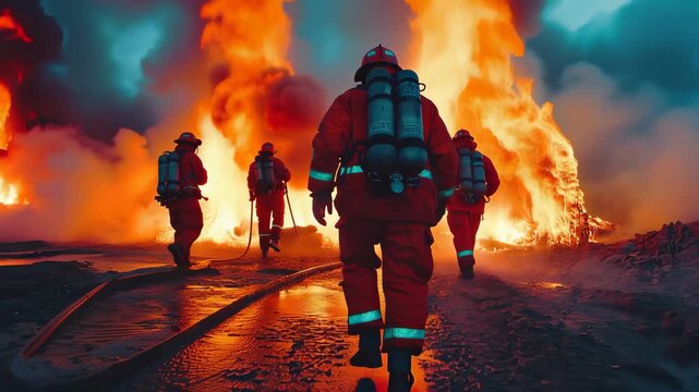 Firefighters gear up to combat large blaze during intense firefighting operation in urban environment on a dramatic evening