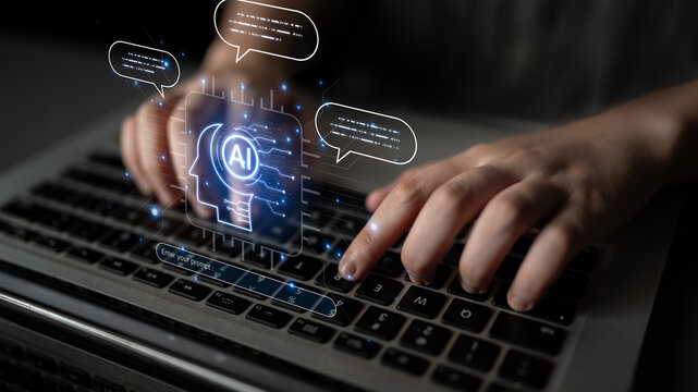 Futuristic concept of AI prompt engineering showing NLP AI neural processor unit converting text commands into intelligent AI responses. LLM, ASR conversational AI chatbot development, and NLP. Corpus