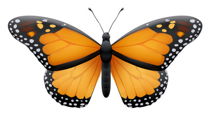 Obraz premium Orange butterfly with black and white spotted wings, symmetrical pattern, detailed insect illustration, isolated on transparent background, vibrant and realistic style