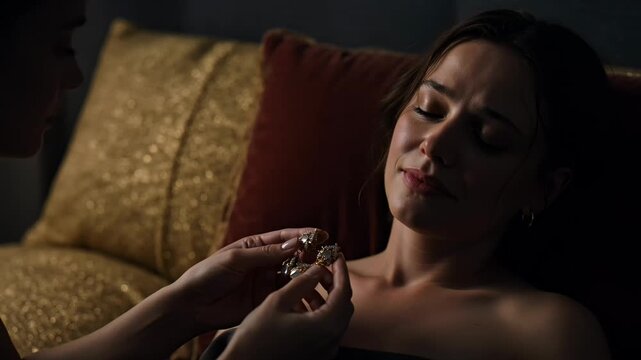 A woman getting her earring put on by another person in a dimly lit room with a luxurious atmosphere video
