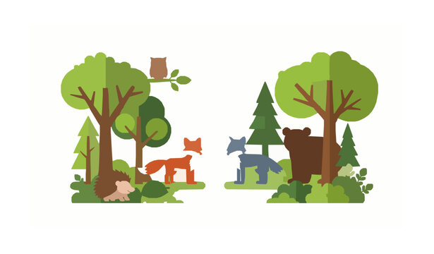 Playful woodland forest animals layered cartoon vector illustration isolated on white