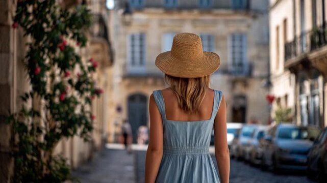 Woman in Straw Hat and Blue Linen Dress Walking Through Sunlit Bordeaux Street, France &ndash; Summer Wine Region Travel Concept