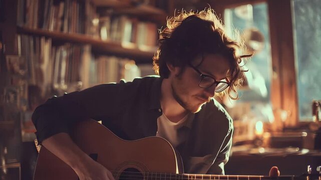 Young man plays guitar in cozy room filled with books and warm light during evening hours at home