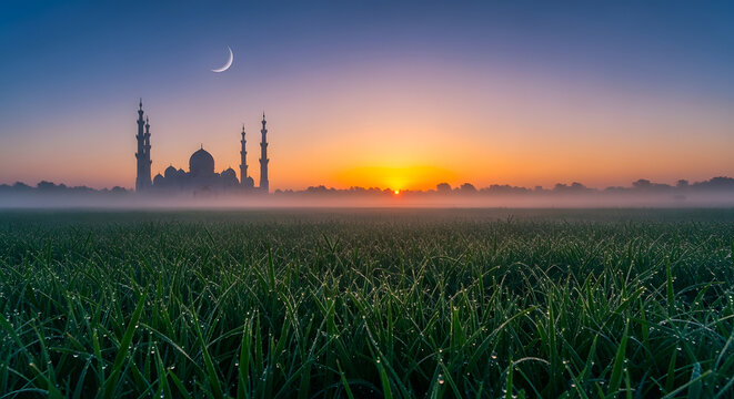 mosque silhouette against colorful sunset sky with crescent moon and dew drops on grass transparent background