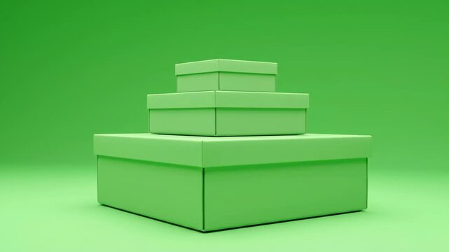 A stack of four green boxes of varying sizes on a matching green background and floor, forming a pyramid shape for a business mockup or product display.