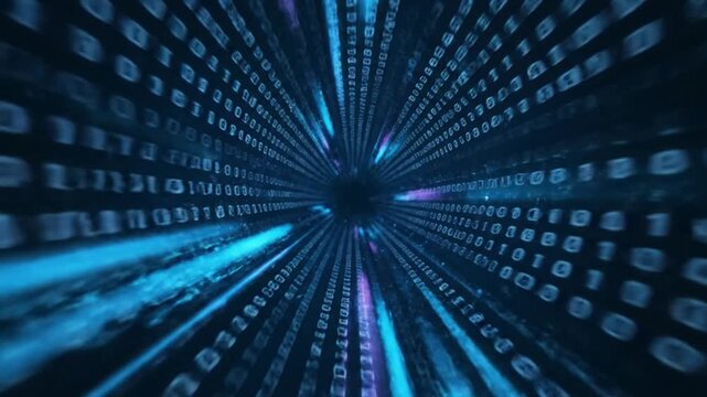 Futuristic video tunnel of binary code streaming through digital vortex in neon blue and purple environment