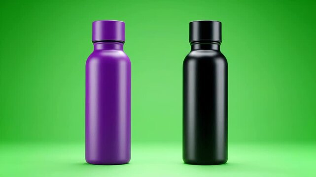 Close-up shot of a purple and a black reusable metal water bottle on a green background for mockup or business advertising purposes with a product showcase mood.