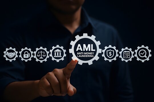 Businessman's finger points to a glowing 'aml anti money laundering' icon with surrounding gears.
