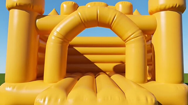 A large yellow inflatable bounce castle sits on green grass against a clear blue sky on a sunny day for kids party fun
