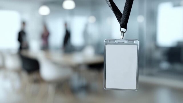 Blank ID card badge with lanyard mockup in a modern bright office environment