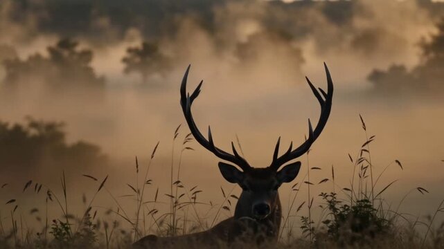 Majestic deer with large antlers standing in misty meadow at sunrise