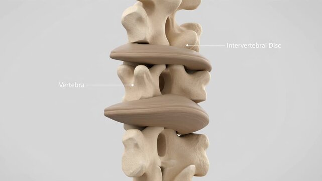 Closeup of a spine showing vertebra and intervertebral disc with a neutral background