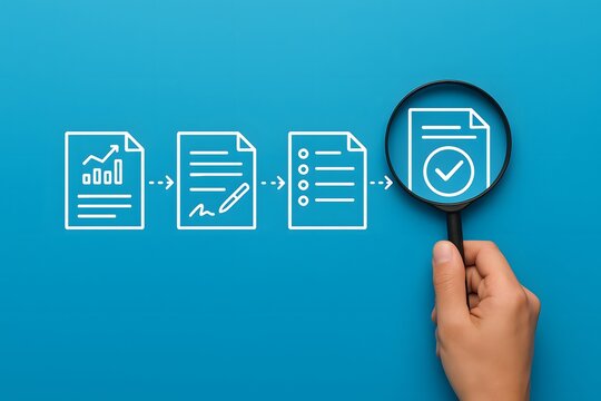 Hand holds a magnifying glass over a completed document within a sequential process workflow.