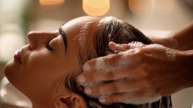 Zoom in on young woman enjoying a relaxing hair wash and head massage with shampoo foam in a professional beauty salon