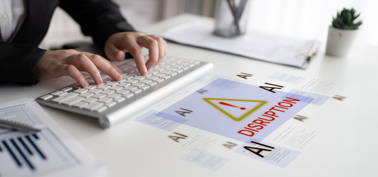 Disruption warning future of work, featuring AI agents replacing human jobs. Represents labor unemployment, corporate automation cost shift, and need for new career reskilling and upskilling. Corpus