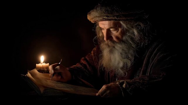 Old man writes at a desk by candlelight in a dark room, focused on ancient scrolls and texts, illuminating his face with soft light while deep in thought