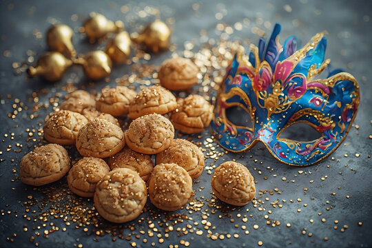 Hamantaschen cookies or hamans ears,noisemaker and mask for Purim celebration (jewish holiday) 