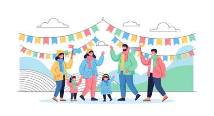 Fototapeta premium Joyful Family Parade Celebration: Festive Gathering with Cheerful People under Banners