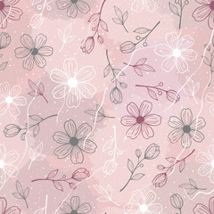 Hand drawn seamless pattern of blooming flower, leaves and brush shape. Abstract floral summer collection, grunge texture. Botanical childish vector illustration for wallpaper, wrapping paper, fabric