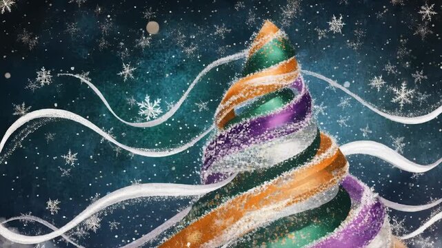 Oil illustration of a christmas tree decorated with ribbons