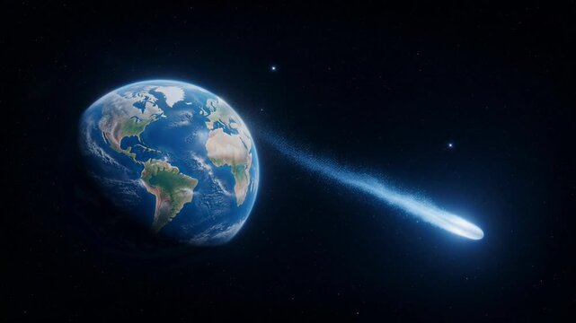 Earth viewed from space with a comet nearing impact in a digital painting