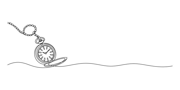 A simple black and white line drawing illustration of a vintage pocket watch with a chain and a dotted line extending across the frame. Vector, illustration