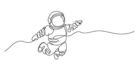 Continuous line art drawing depicting an astronaut floating weightlessly in the vast expanse of space Vector, illustration © Continues One Line D