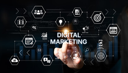 Fototapeta premium Creative digital marketing dashboard for campaign analytics and growth. Digital marketing insights, digital marketing automation, KPI, digital marketing performance for business strategy. Corpus